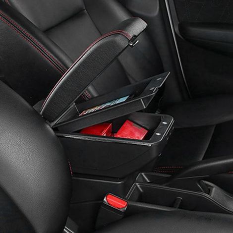 1 set. Color: Black with red stitching. Material: Plastic + Leather. Car armrest storage box. (1/5)