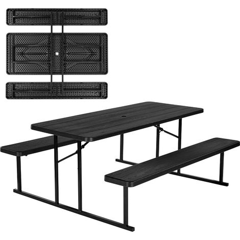 Table de pique-nique pliable de 1800 mm avec bancs, ensemble table et banc d'extérieur en acier avec trou pour parasol, grande table à manger extérieure pour patio, jardin, cour, piscine, noir (1/5)
