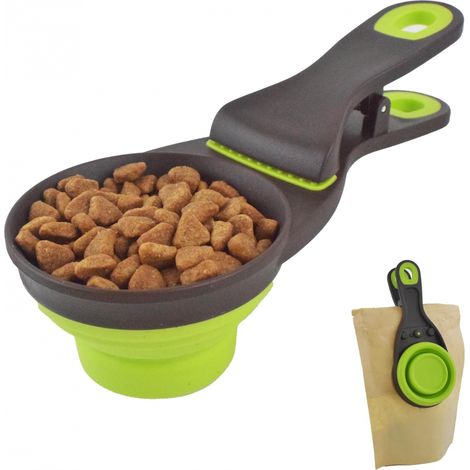 1pc Multipurpose Pet Food Scoop, 3 in 1 Green Small Collapsible Silicone Measuring Cup and Bag Sealing Clip