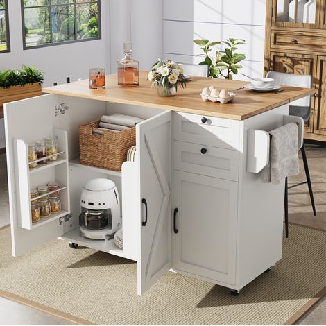 Isla de cocina 120x43.2x92 cm blanca en MDF con tablero abatible y ruedas (1/5)