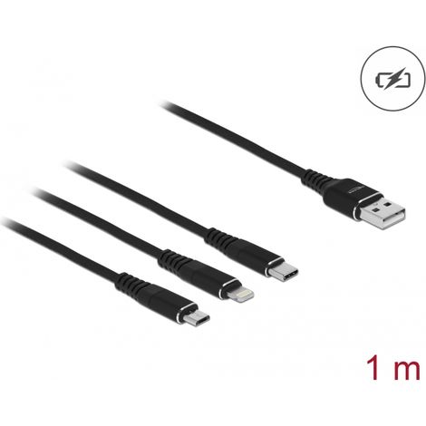 Delock Cable de carga USB 3 en 1 para Lightningâ¢ / Micro USB / USB Type-Câ¢ 1 m negro
