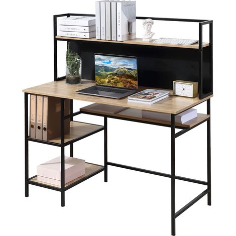 Bureau informatique 4 étagères grand plateau panneau noir 120 x 53 x 126 cm blanc noir