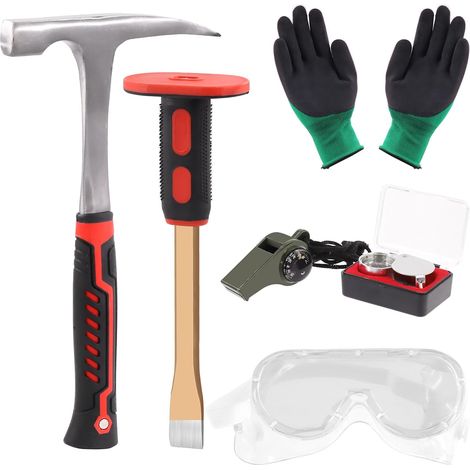 Kit de géologie 6 pièces, marteau 850,5 g, burin 30,5 cm, sifflet, lunettes de sécurité, loupe bijoutier, gants (1/5)
