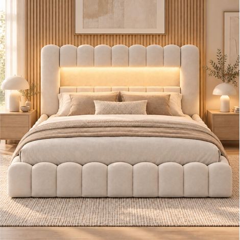Lit Double Coffre 140x200 cm,Lit Bubble Rembourré avec Espace de Rangement Hydraulique, Fonction de Charge USB et Éclairage LED, Cadre de Lits avec Sommier à Lattes pour Adults et Ado (1/5)