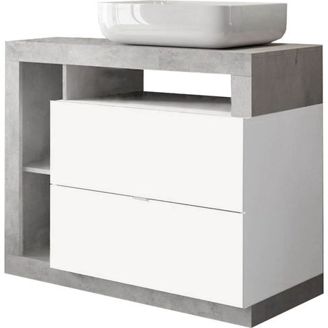 ARTURO - Meuble Vasque 92cm 2 tiroirs blanc laqué et aspect béton