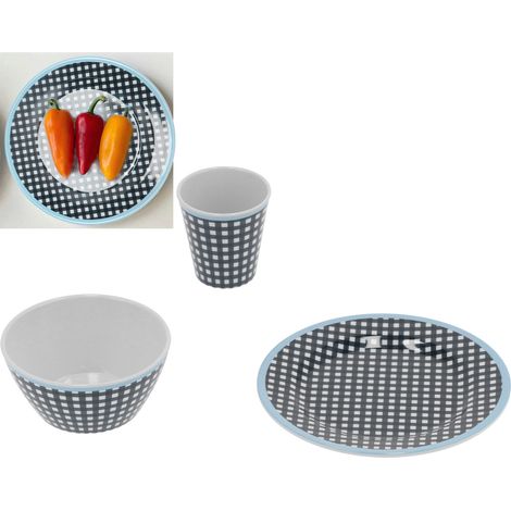 Service de table pour la maison et le restaurant : assiette, bol et tasse à salade de fruits bleu foncé à motif quadrillé. (1/5)