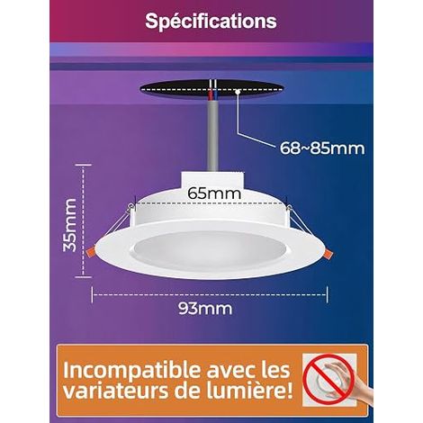 Spots LED Encastrable 8W (équivalent 60W) Découpe 68-85mm, 16 millions de couleurs avec commande par application, 800lm, 2700K-6000K+RGB, Rond pour chambre et salon (1/4)