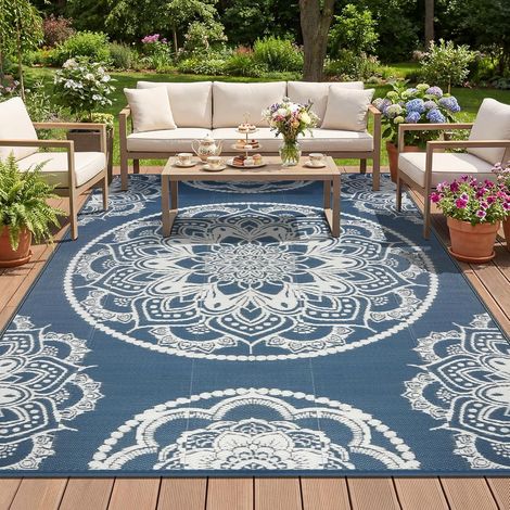 Tapis Exterieur Resistant Pluie Terrasse Tapis Barbecue Sol Exterieur Grand Tapis Plastique Exterieur Imperméable Tapis d'extérieur pour Terrasse Jardin Balcon Salon Natte de Plage 180 x 270cm, Bleu (1/5)