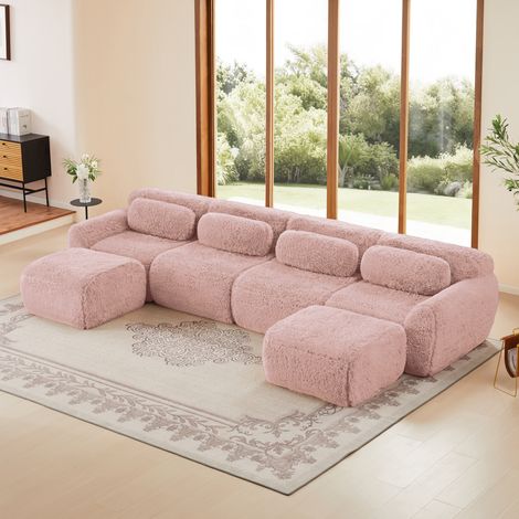 Canapé panoramique en U 378x179x73 cm – Canapé modulable en peluche respirante, avec larges accoudoirs, mousse haute résilience – Rose