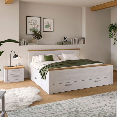 Lit avec rangement 189x209x90cm et chevet décor blanc et naturel