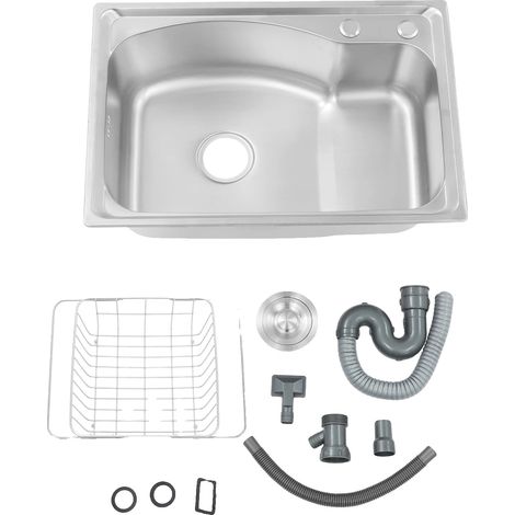 Évier de cuisine, en acier inoxydable, à cuve unique avec panier égouttoir, Gris Clair (1/2)