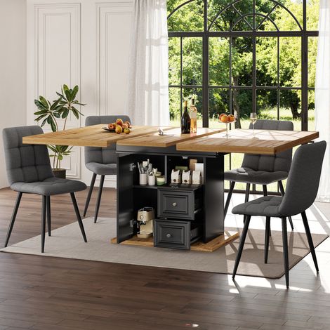 Table à manger extensible 110-140 x 80 x 75 cm en MDF et métal, bois naturel (1/5)