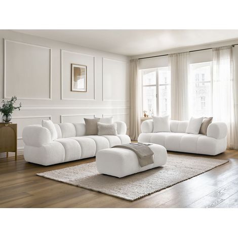 BOBOCHIC - Ensemble canapé droit fixe 3 + 2 places PAMIRA tissu bouclette avec pouf Blanc (1/5)