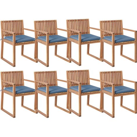 Set of 8 Garden Dining Chairs with Cushions Brown Blue Acacia Wood Fabric Rustic Style SASSARI PREMIUM