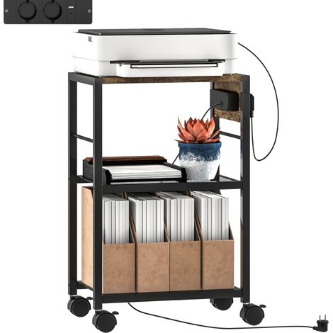 Druckerständer mit Rollen und USB-/USB-C-Anschlüssen 42 x 28 x 64,5 cm rustikalbraun (1/5)