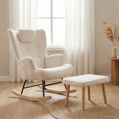 Sedia a Dondolo con Poggiapiedi, Poltrona Relax Ergonomica in Tessuto Teddy, Poltroncina da Soggiorno con Tasche Laterali e Base in Legno, Beige