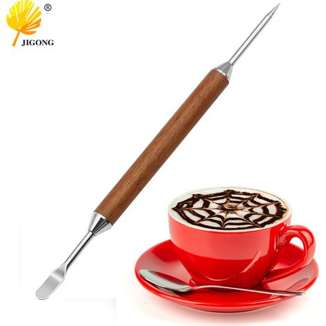 Design élégant pour vos lattes avec une aiguille à café en bois de rose, matériel de café avec pointe d'aiguille à motif en spirale/cuillère plate. (1/5)