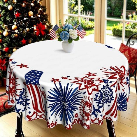 Nappe ronde à motif 2D rouge et bleu avec feux d'artifice patriotiques (1 pièce), décoration de table polyvalente pour la cuisine, le jardin et les fêtes, convient aux tables rondes. (1/4)