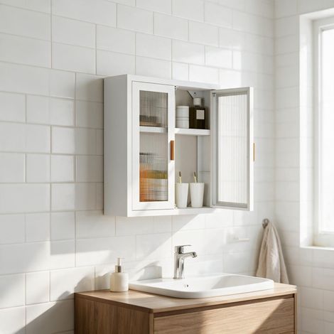 Armario alto de baño de pared con dos puertas y estante interior de altura regulable. (1/5)