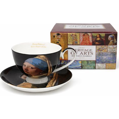 Taza de porcelana de 250 ml con platillo, diseño de La joven de la perla de Vermeer. (1/4)