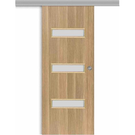Porte coulissante applique April, H.204 x l.83 cm, sans serrure, finition chêne brut structuré