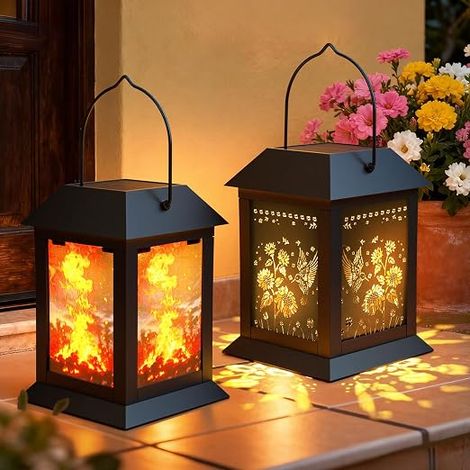 Lanterne Solaire Extérieure Détecteur de Mouvement Étanche Anti-Poussière Décoration Motif Oiseau-mouche et Flamme pour Jardin Terrasse Balcon Fête