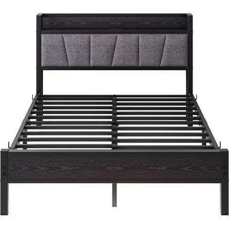 Cadre de lit 140x190cm avec éclairage LED intelligent, tête de lit de rangement avec station de charge USB, plateforme de soutien en lattes métalliques robustes, silencieux, montage facile, sans sommi