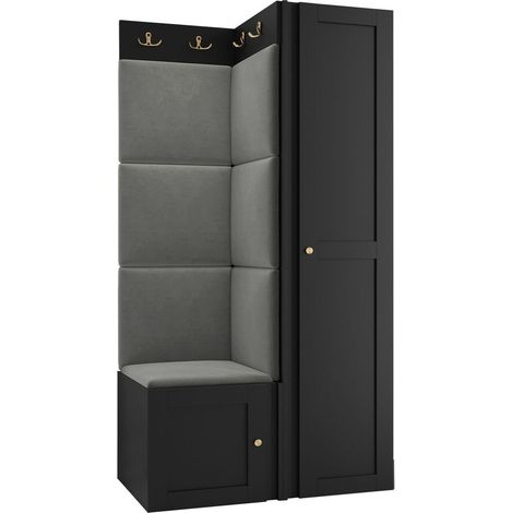 Meuble d'entrée Hartford 381, Noir, 186x82x46cm, MDF, Stratifié, Tissu, À poser, Murale (1/5)