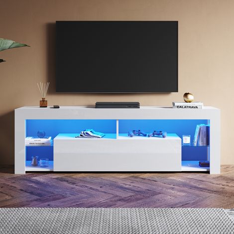 SONNI Modern TV Schrank mit LED-Lichtern, Offenes Glasregal und Herunterklappbarem Türfach, Geeignet für Wohnzimmer und Schlafzimmer, Weiß, 1600 x 350 x 505 mm (1/5)