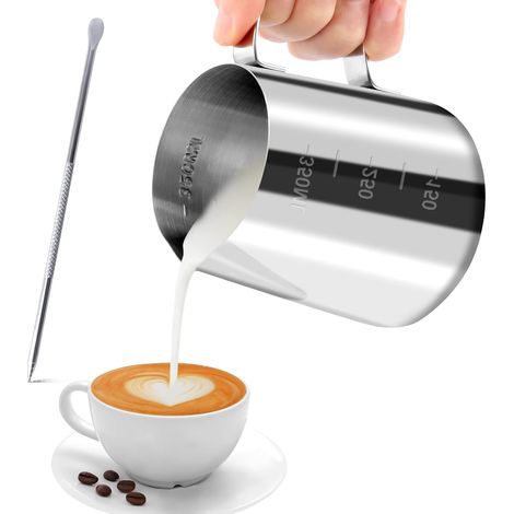 Pot à Lait 304 Acier Inoxydable, Pichet Lait Inox avec Marque de Mesure, Latte Art Pen, Pichet à Lait Gravure Gradué à L'intérieur pour Faire Mousse le Lait, des Capuccinos, des Jus (350ML) (1/5)