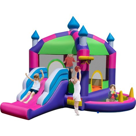 Toboggan gonflable 5 en 1 avec Toboggan Toit Panier de Basket Lancer d'Anneaux Piscine Kit Réparation Multicolore (1/2)