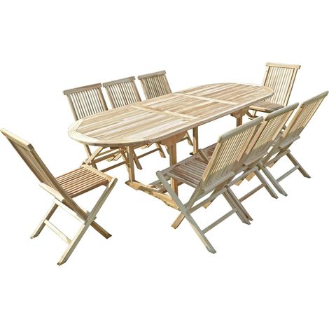 C&L Jardin – Ensemble table et chaises de jardin en teck massif – 8 places – Table extensible 170/230 x 90 x 75 cm – Chaises pliantes avec trou parasol (1/4)