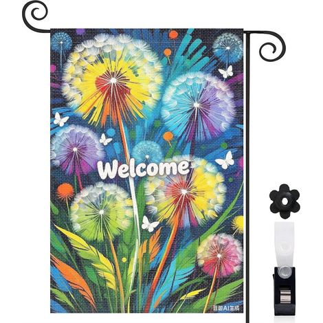 Drapeau de jardin pissenlits jaunes et violets 30 x 45 cm décoration terrasse et extérieur (1/4)