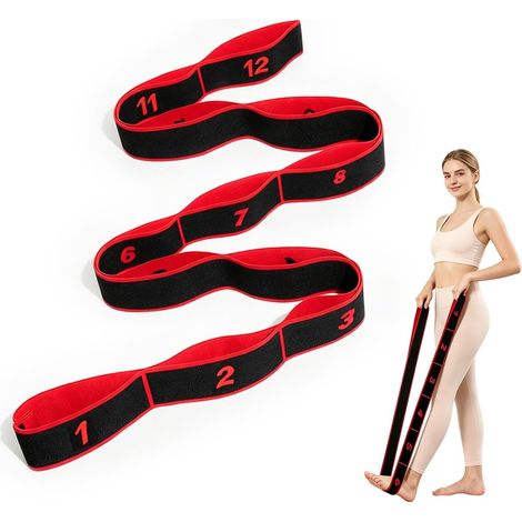 Sangle d'étirement graduée avec 12 Boucles, Bande de résistance Yoga, Accessoire pour Entraînement, Pilates, Danse et Gymnastique - Noir-Rouge (1/5)