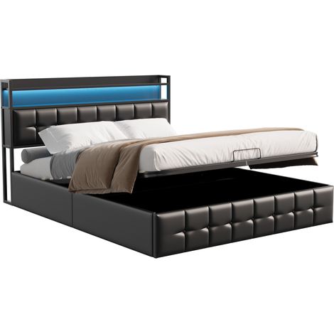 Lit 160x200cm avec tête de lit lumineuse LED, barre de pression en simili cuir noir, housse de rangement flexible, prise intégrée et chargeur UE, lit moderne avec éclairage intégré (1/5)