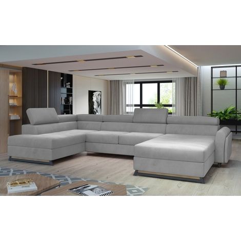 Grand canapé panoramique convertible velours gris clair avec coffre Konba 370cm à gauche-Coffre à gauche (1/5)