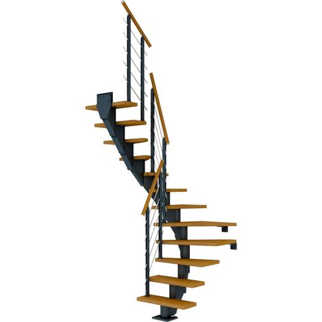 Dolle Mittelholmtreppe Frankfurt 1/2 gewendelt Eiche, geölt 65 cm breit für GH 259 – 301 cm UK Metall Anthrazit mit Geländer