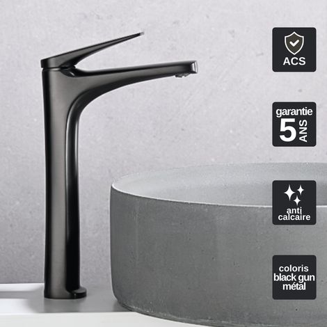 Robinet Mitigeur Lavabo Salle de Bain noir métal – Bec Haut Anti-Calcaire – Design Moderne - DELOS IMEX (1/5)