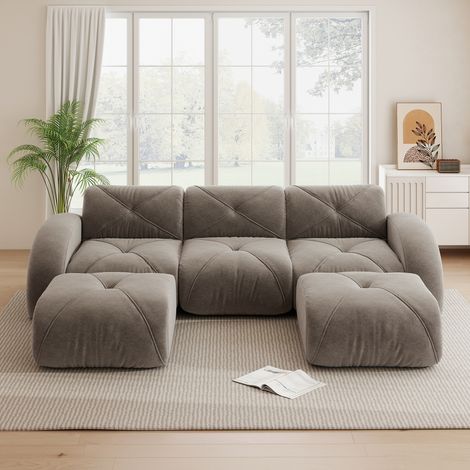 Canapé d'angle 3 places 281cm canapé modulable avec 2 poufs, mousse haute densité 32d, chenille doux, assise confortable, brun clair (1/5)
