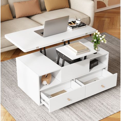 Höhenverstellbarer Couchtisch 100x50x47,5 cm weiß mit 4 Schubladen und Rollen, MDF MEUBLIV (1/5)