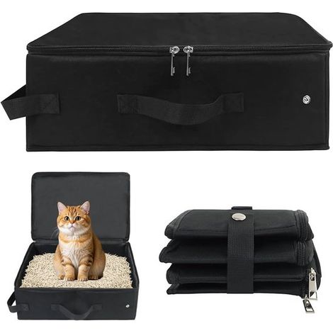 Bac à litière pliable - Bac à litière étanche - Bac à litière de voyage - Facile à transporter - Pour le camping en intérieur et en extérieur - 40 x 30 x 14 cm - Noir (1/5)