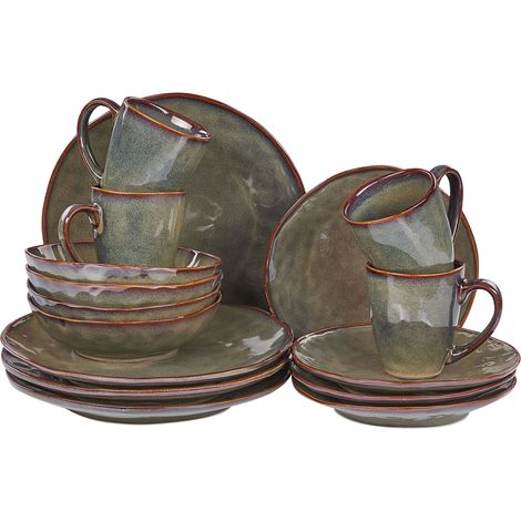Set of 16 Dinnerware THYME Stoneware Dark Green