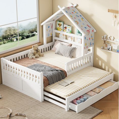 Hausbett aus Holz Weiß 140x200 cm mit Ausziehbett, 3 Schubladen und Schutzgitter (1/5)