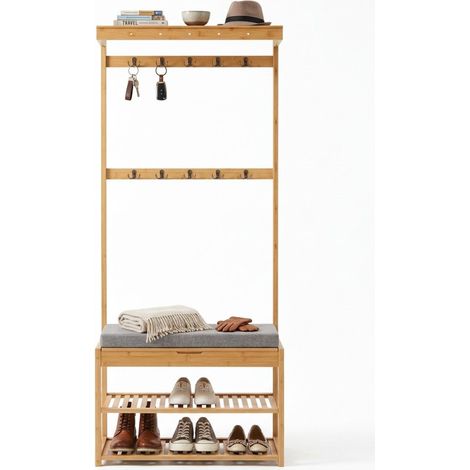 Porte-manteau, banc, 2 étagères à chaussures, 10 crochets, HxLxP : 175x70x33 cm, bambou, naturel (1/5)