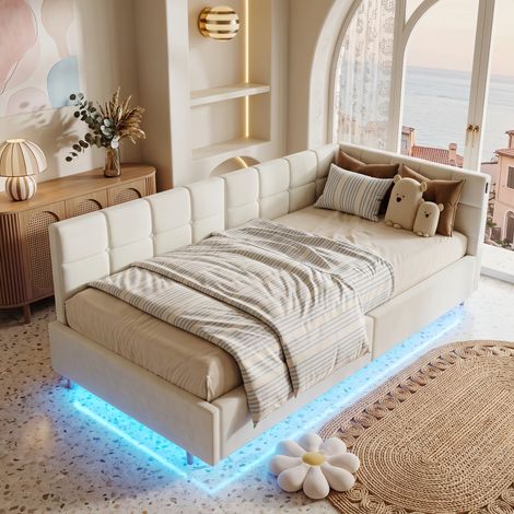 Lit Coffre Simple 90x200 cm en flanelle Crème - avec LED et Port USB Tête de Lit Rembourrée - Rangement Intégré - Cadre de lit suspendu - Scandinave (1/5)