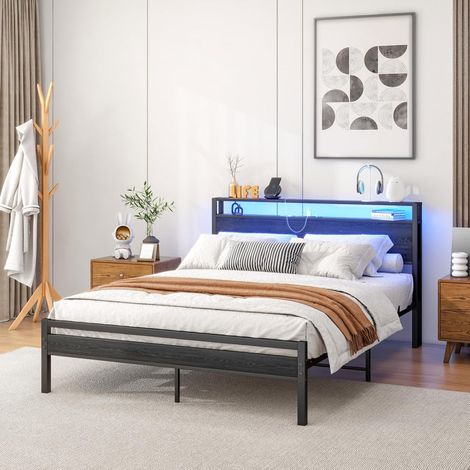 Letto 140x200 con contenitore, struttura in metallo, USB e LED, nero DESVIAE (1/5)