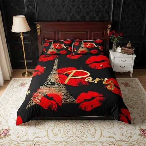 Bettwäsche-Set Pariser Stil mit Eiffelturm und Lippenmotiv, 155x220cm, Mikrofaser