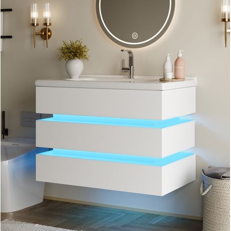 Mobile bagno sospeso in MDF bianco con lavabo in ceramica e LED RGB, 81x47,5x57 cm, 2 cassetti soft-close (1/5)