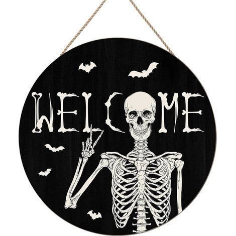 Squelette En Bois Panneau Halloween Ronde Suspendre Deco Porte Halloween Effrayant Bienvenue Panneau DéCorations D Halloween 20 (1/5)