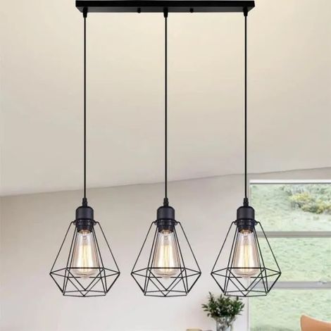 U-Do 3 Lampes Lustre Suspension Cage forme Diamant en Métal Noir E27 Lampe de Plafonde Réglable design Vintage Lampe Longue Pôle (1/4)